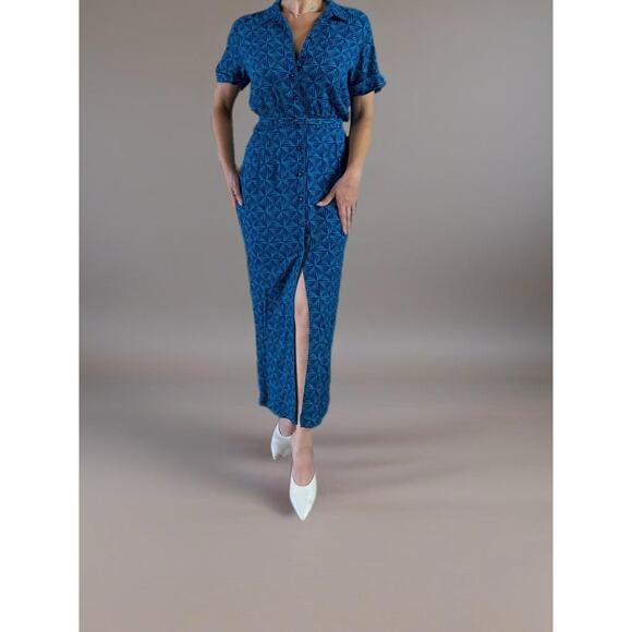 Vintage Platinum Dorothy Schoelen Size 10 Artsy Absract 80s Teal Collared Dress - Picture 1 of 11
